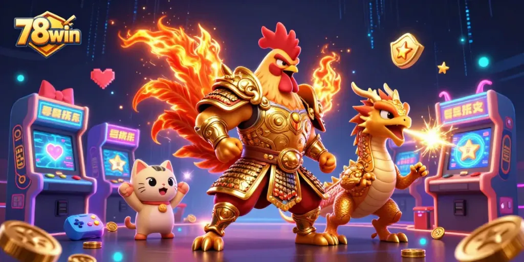 Experience action-packed gaming with 78win's colorful dynamic casino characters in a vibrant digital scene.