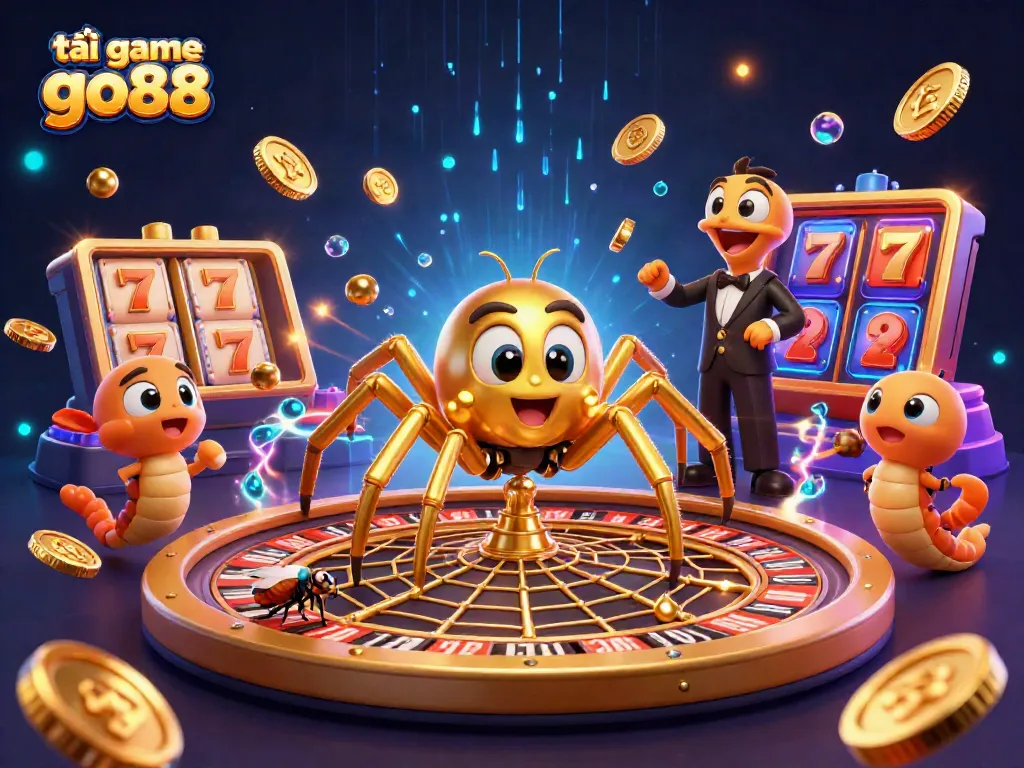 Experience excitement with tải game go88's vibrant 3D illustration featuring a roulette-driven spider in action.