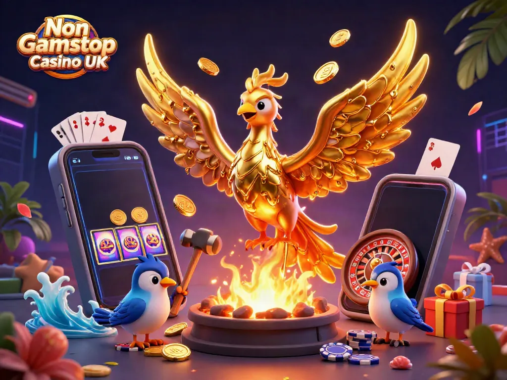 Experience vibrant gaming excitement at Non Gamstop Casino UK with this dynamic 3D illustration.
