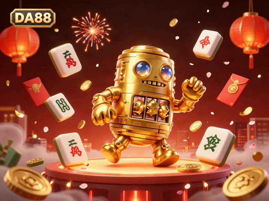 Experience the dynamic gameplay at DA88 with a golden golem, mahjong tiles, and festive elements in a lively casino scene.