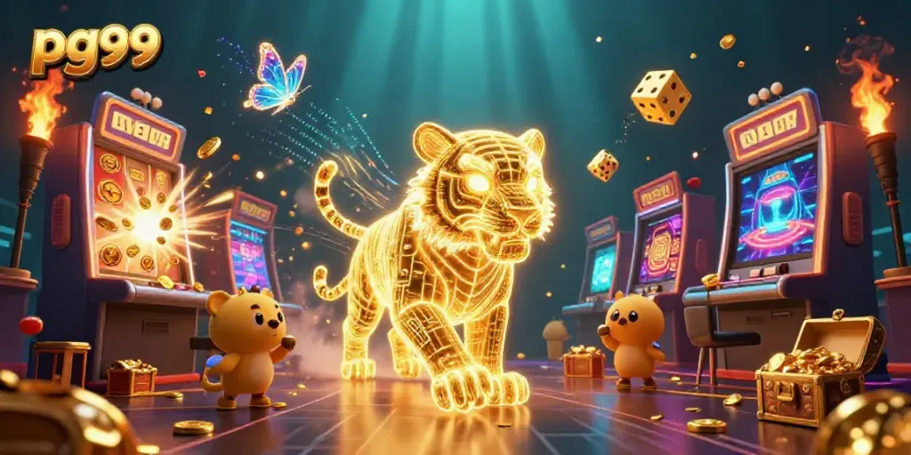 Engage with pg99 through an exciting scene featuring a golden tiger and dynamic casino elements.
