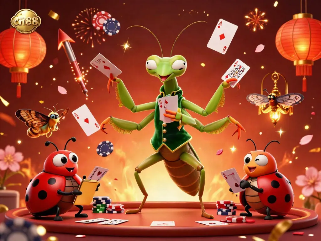 Experience the thrilling action at cm88 with the mantis card sharp and ladybug pit boss amidst a lively casino scene.