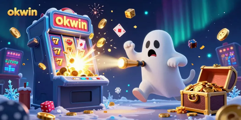 Engagingly play games with okwin in a vibrant 3D casino scene filled with gold, jackpots, and lively characters.