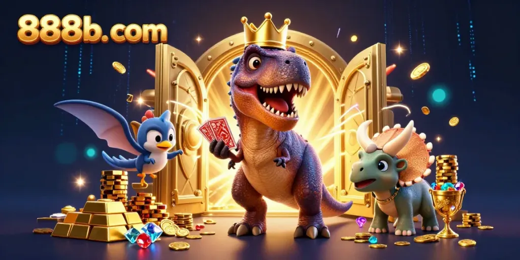 Engage with the vibrant casino atmosphere at 888b. com through a playful illustration of a T-Rex and friends.