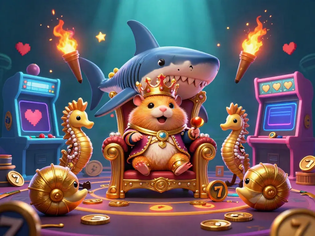 Engage with lx88's immersive gaming adventure featuring a hamster king on a shark tooth throne in a vibrant casino.