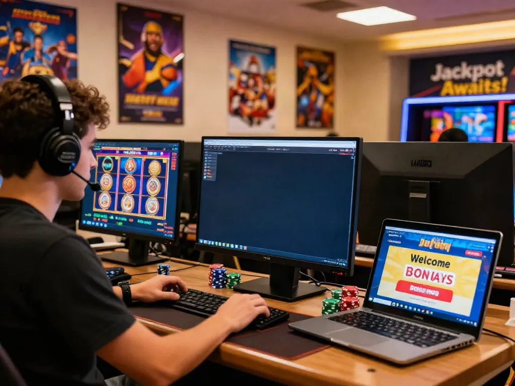 Engaging player at non GamStop casinos, surrounded by vibrant gaming elements and cozy atmosphere.