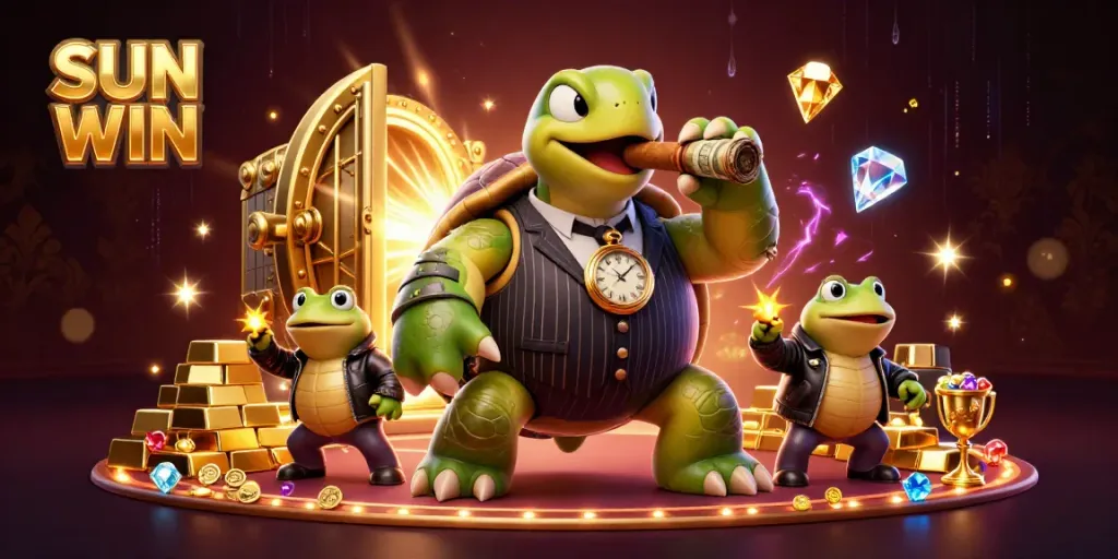 Engage in thrilling action at SUN WIN, featuring a cartoon turtle mobster and enforcers in a vibrant casino