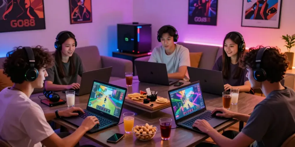 Friends enjoying online gaming with GO88 platform in a cozy living room.