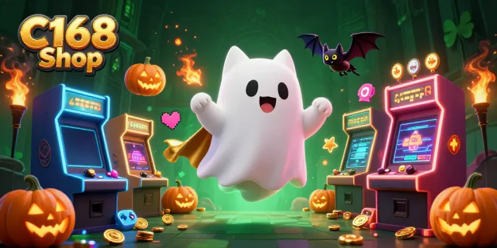 Experience the vibrant gaming world of C168 Shop with a floating ghost cat and vampire bat illustration set in a haunted casino.