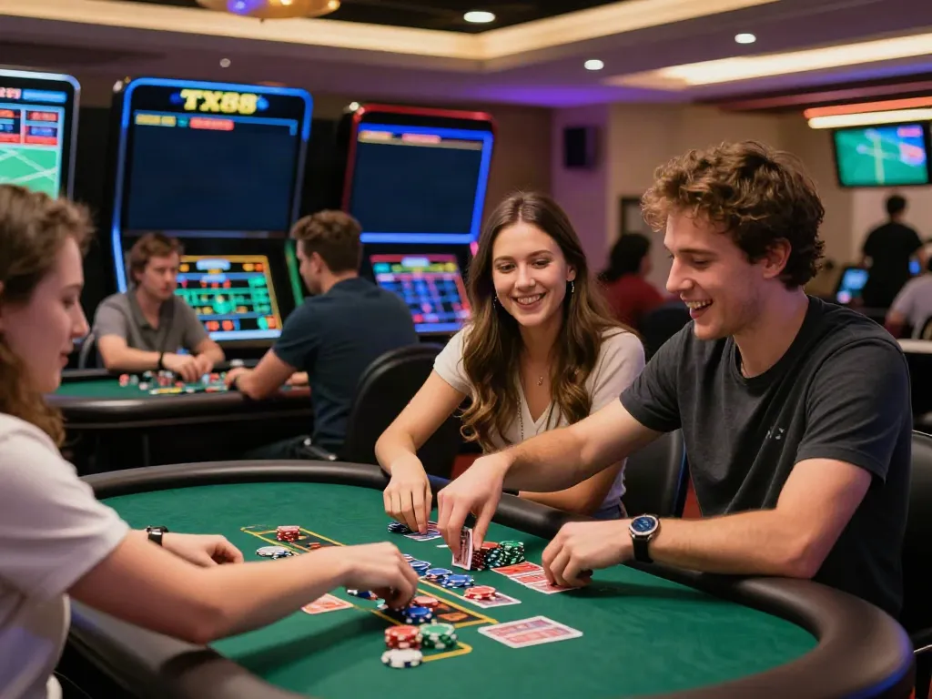 TX88 online gambling experience showcasing players at a live dealer table and sports betting.