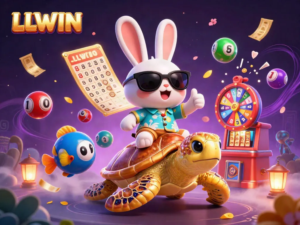 Experience the thrill of LLWIN's vibrant casino games with a lucky rabbit and golden sea turtle in action.