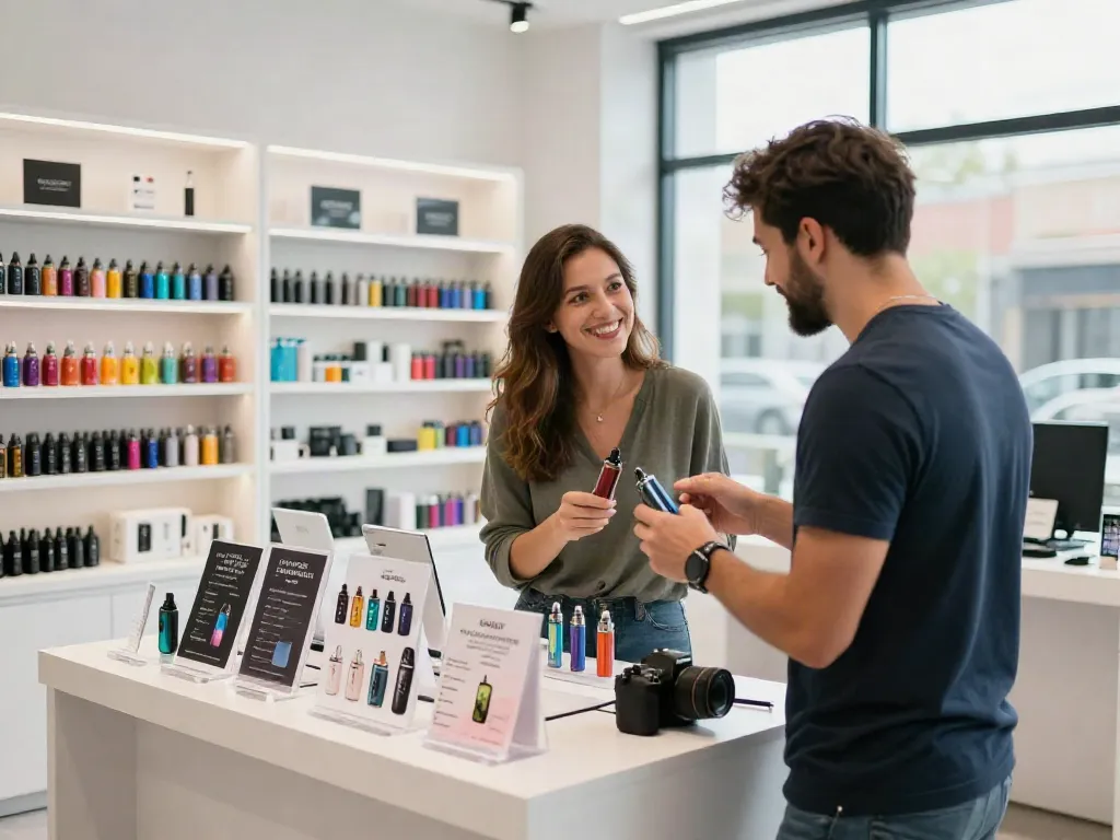 Are vapes banned in the UK? Engaging vape shop scene with customer and assistant exploring rechargeable kits.
