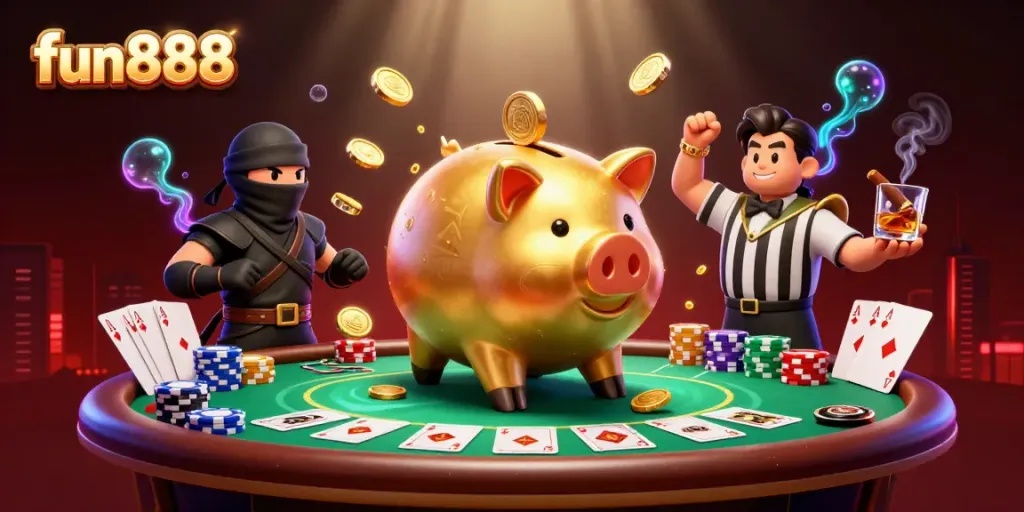 Experience the excitement of fun888 with a vibrant casino showdown featuring our golden piggy bank sumo wrestler.