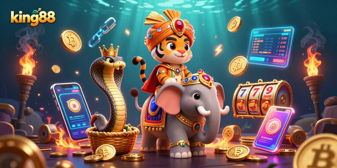 Experience king88's thrilling environment with a majestic 3D maharaja riding an elephant among vibrant crypto elements.