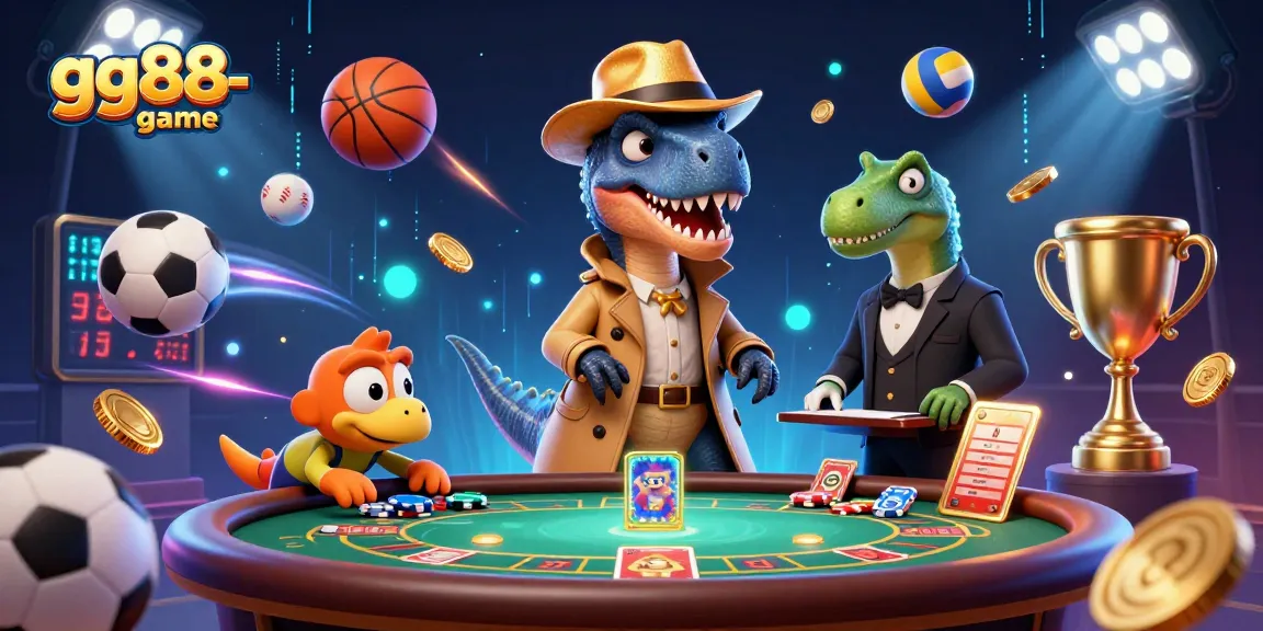Engage with gg88-game as a velociraptor card counter attempts to blend in at a blackjack table amidst flying sports elements.