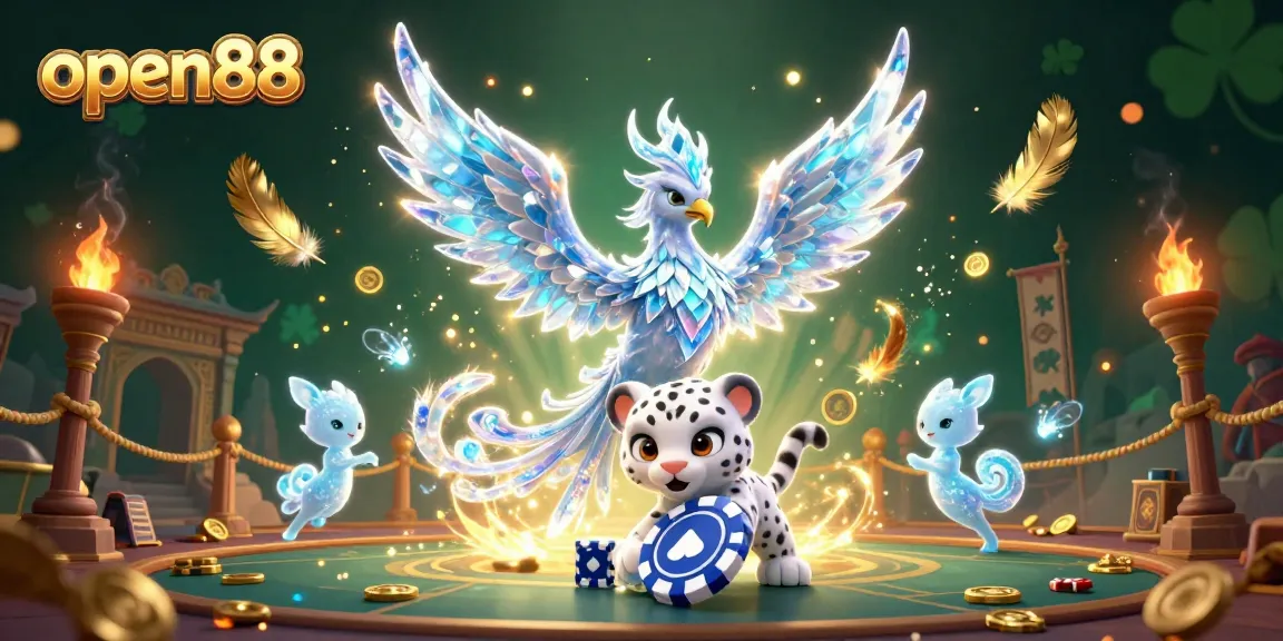 Experience thrilling gameplay at open88 with an ice phoenix, snow leopard cub, and vibrant casino elements.