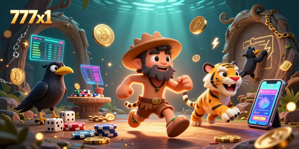 Engage with thrilling gaming at 777x1, featuring a cartoon caveman and sabertooth tiger in a vibrant casino
