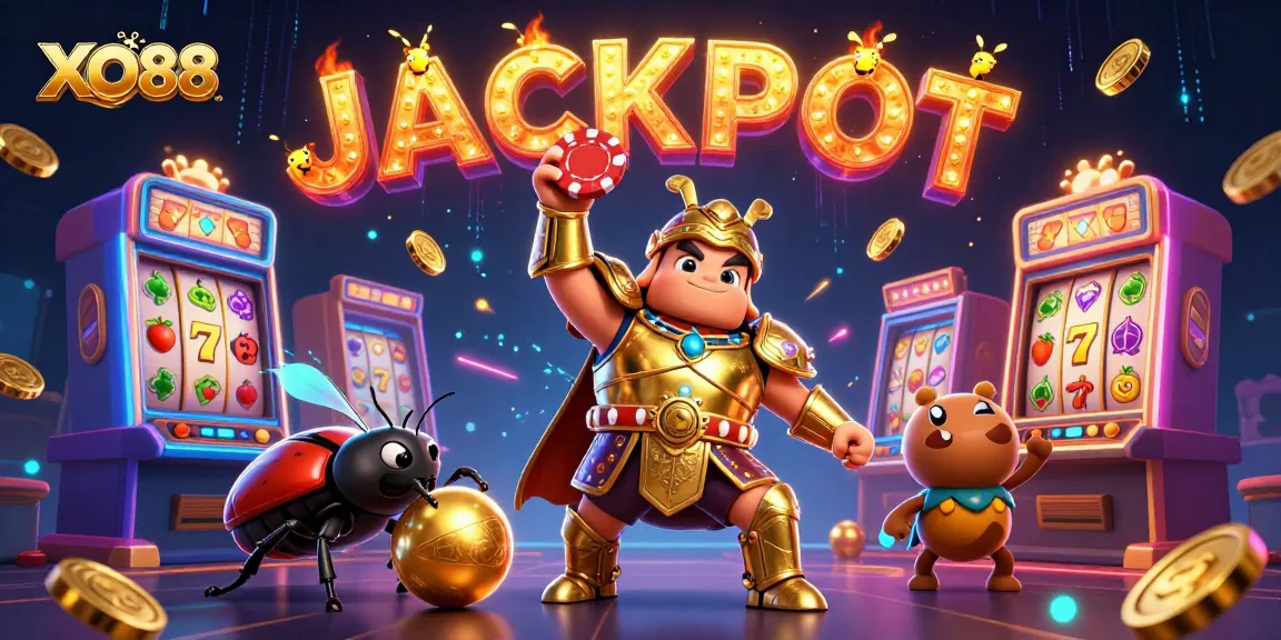 Enjoy thrilling gameplay at XO88 with vibrant slot machines and animated characters celebrating a jackpot.