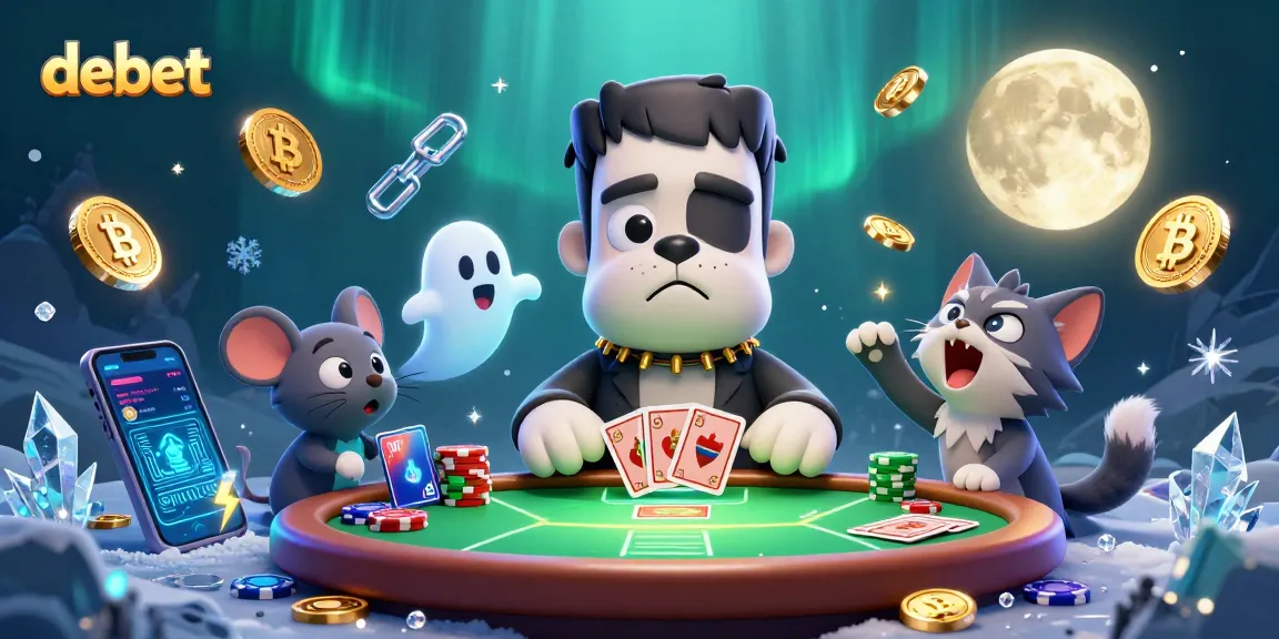 Engage with debet gaming as a Frankenstein bulldog deals cards amid neon crypto elements and mystical creatures.