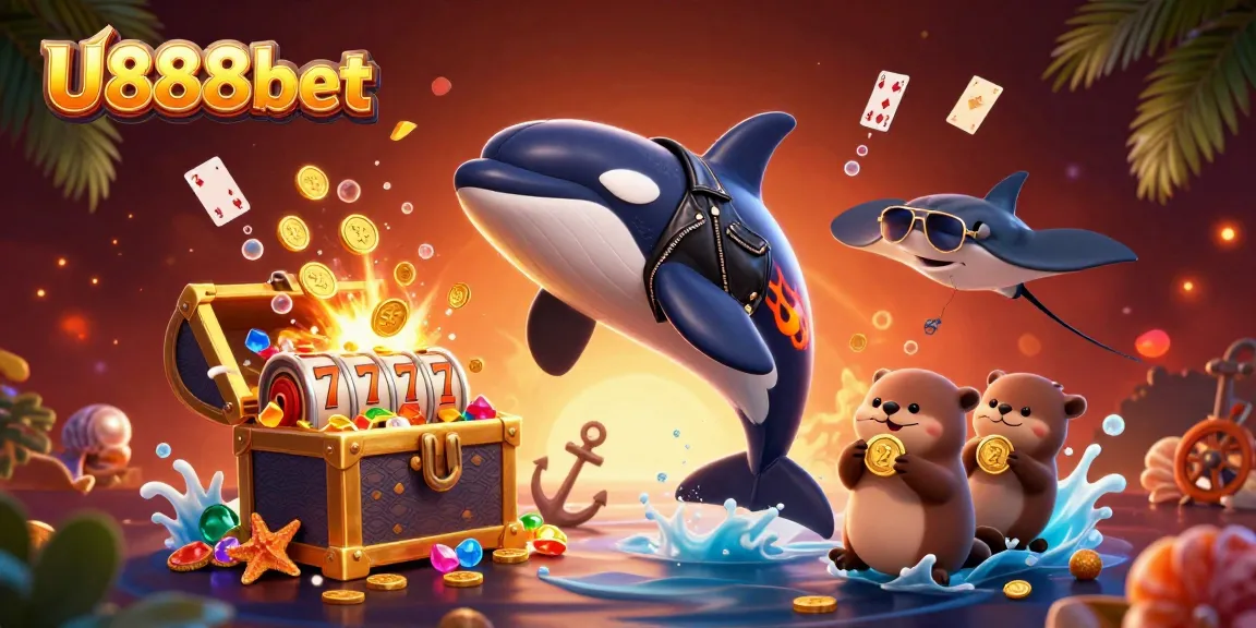 Experience thrilling gameplay with U888bet as animated sea creatures celebrate gaming victories with coins.