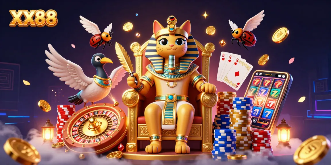 Engage with exciting gameplay at XX88, featuring a dynamic scene of gambling excitement with cartoon elements.