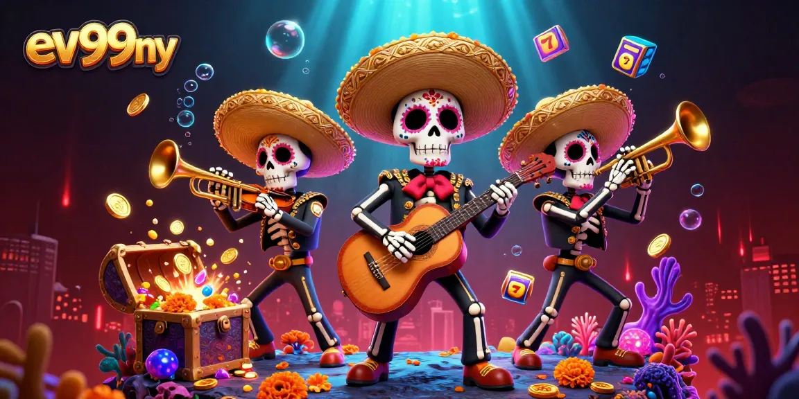 Experience thrilling gameplay at ev99ny with a vibrant illustration of a mariachi band and casino elements.