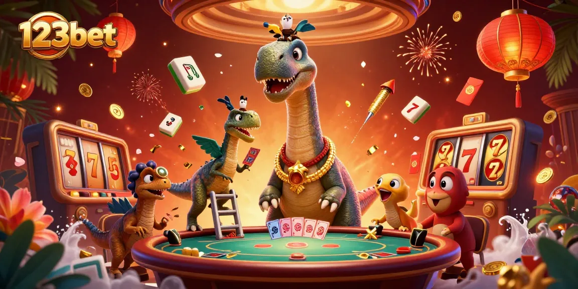 Engage with 123bet's vibrant casino scene featuring a giant brontosaurus and raptor dealer.
