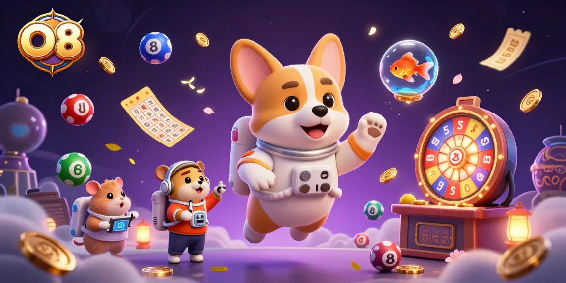 Experience thrilling gaming with O8 in a dynamic casino scene featuring a floating astronaut corgi.