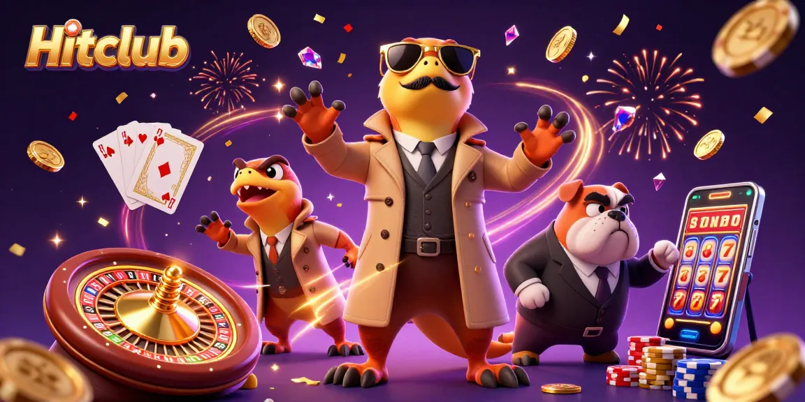 Engage in thrilling gameplay at Hitclub with casino raptors amidst gold coins and roulette wheels.