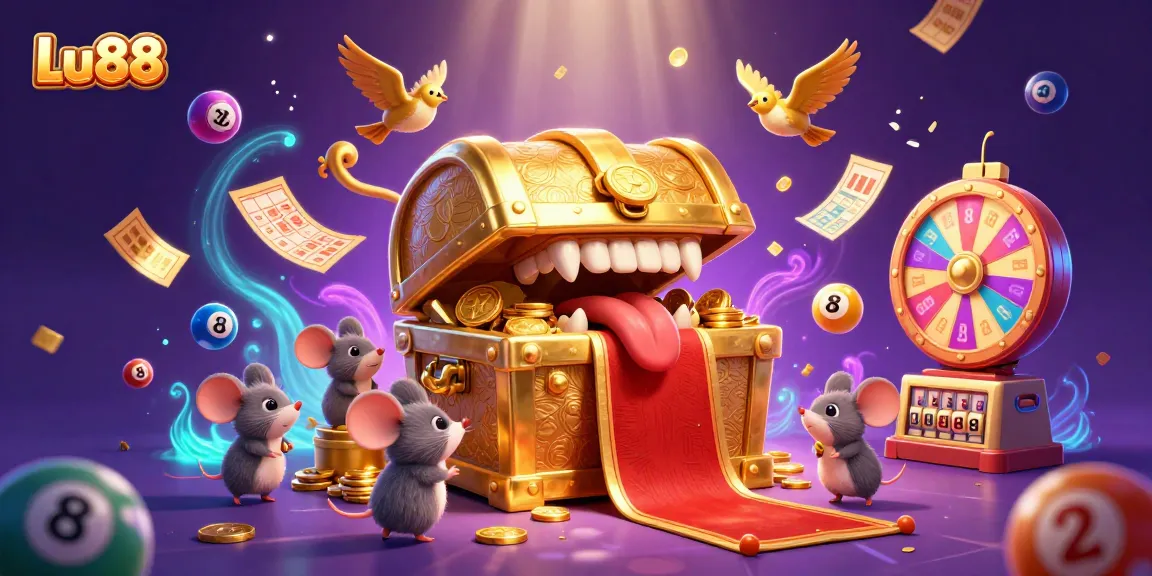Experience the thrills at Lu88 with colorful lottery balls and a dynamic treasure scene.