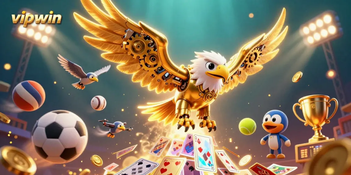 Soar with vipwin's golden eagle in a rich, dynamic gaming world of holographic cards and sports!