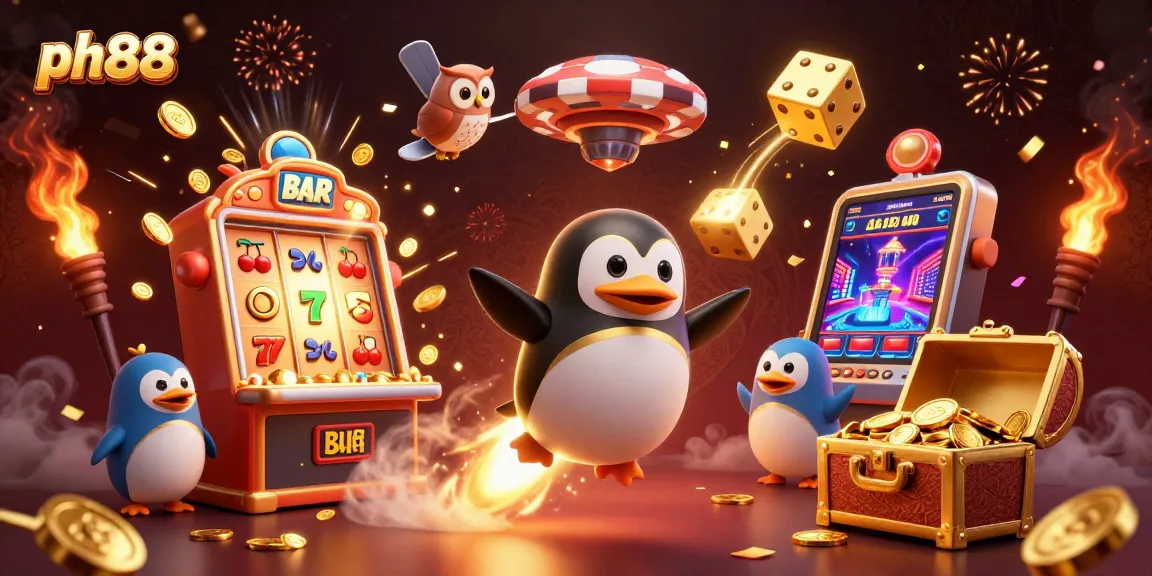 Experience the thrill of ph88 with a dynamic gambling scene featuring a golden penguin and vibrant casino elements.