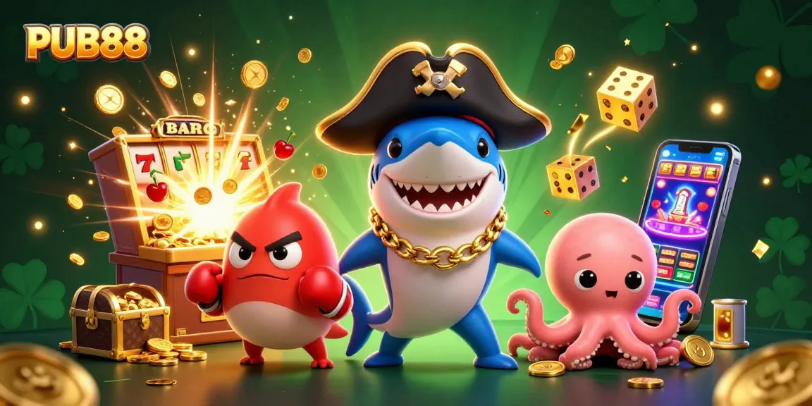 PUB88 brings excitement with a cheerful pirate shark, boxing pufferfish, and octopus holding coins in a vibrant casino scene.