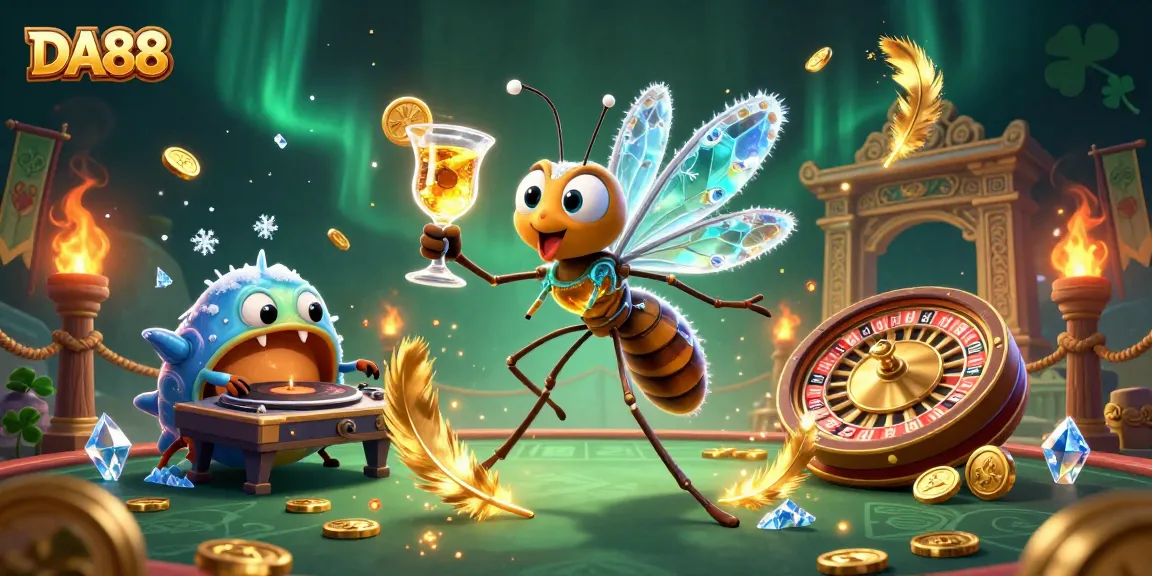 Play DA88 with vibrant casino elements in a dynamic 3D illustration showcasing unique characters.