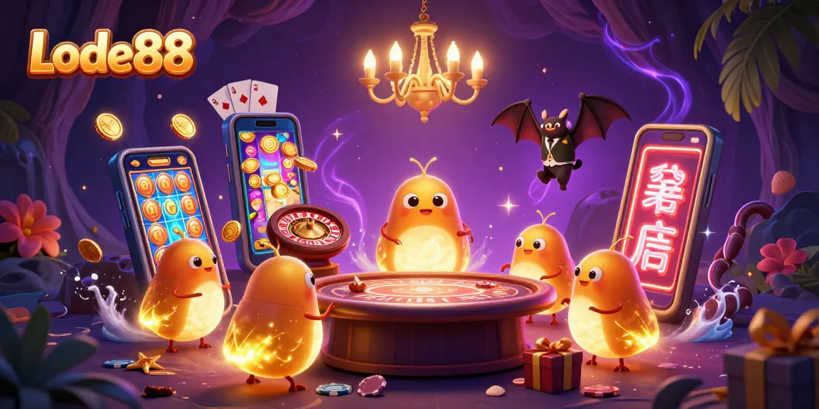Lode88 illuminates a vibrant casino scene with glowing glowworms and a bat dealer.