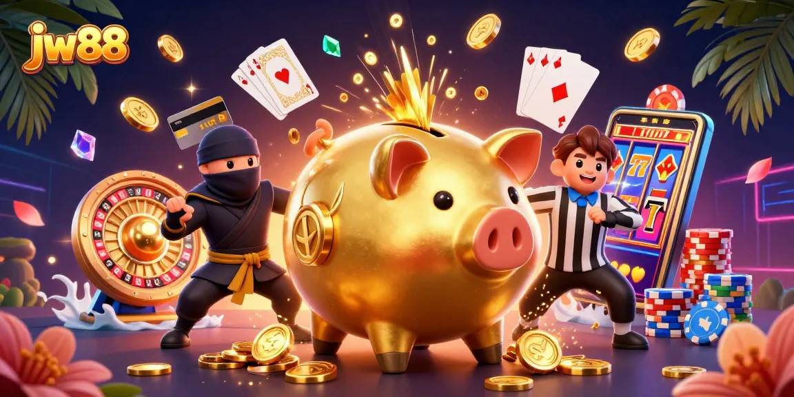 Win big at jw88 with dynamic 3D illustration of a piggy bank sumo wrestler and exciting casino elements.