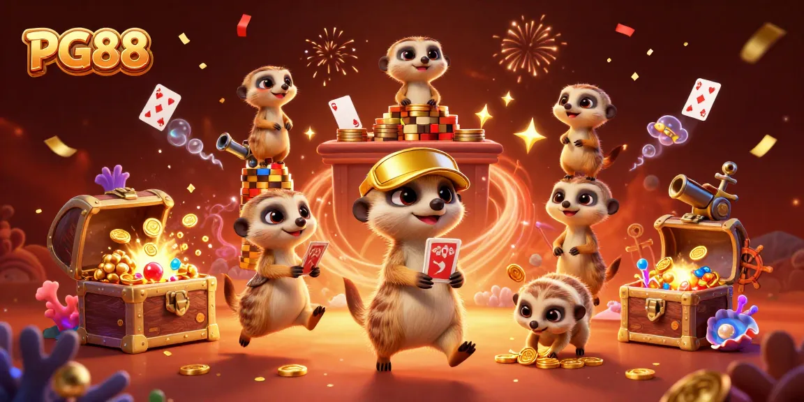 PG88 casino meerkats celebrate with treasure and gaming fun in a vibrant underwater scene.