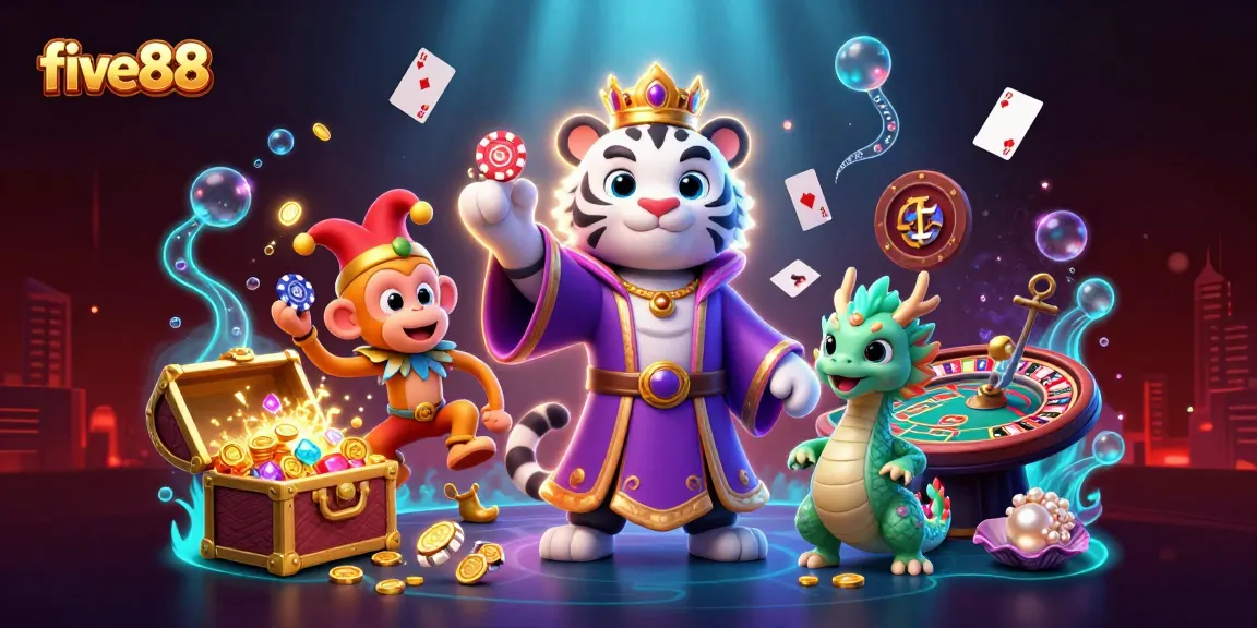 Experience the thrill of five88 as a white tiger and monkey juggle poker chips amidst a lively casino scene.