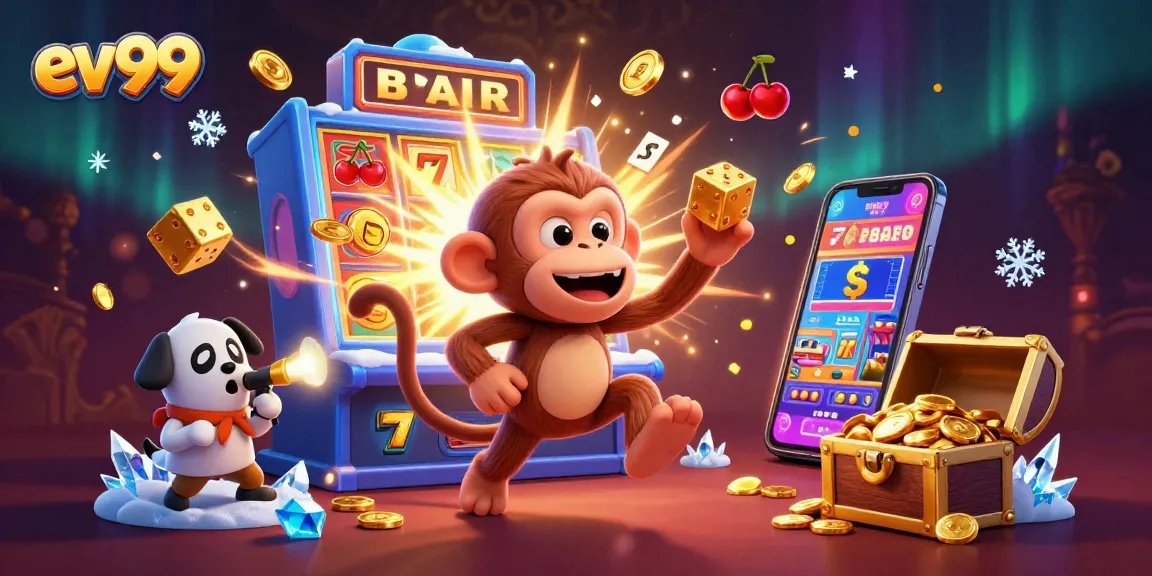 Experience thrilling gameplay with ev99 in a lively casino scene featuring a playful ghost-hunter and a juggler monkey.