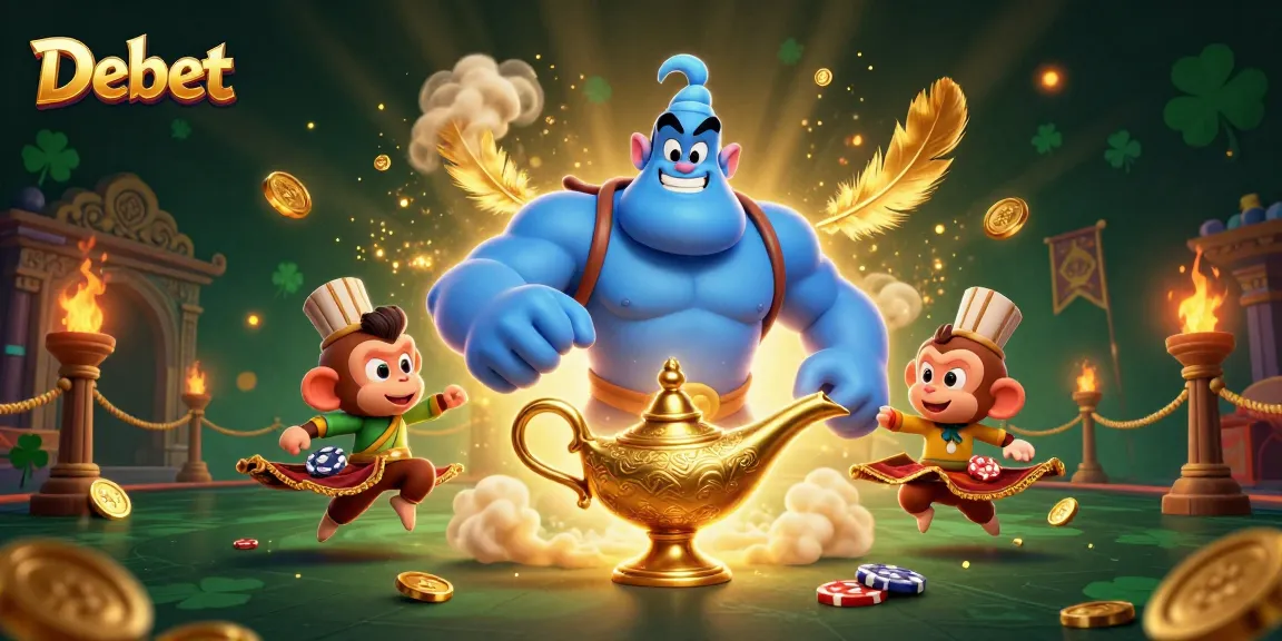 Engage in thrilling gaming adventures with Debet's iconic 3D casino illustration featuring a blue genie.