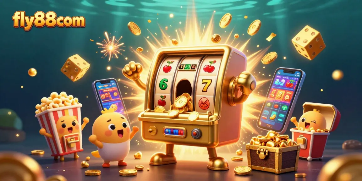 Experience the excitement at fly88com with a golden slot machine bursting with coins and vibrant casino elements.