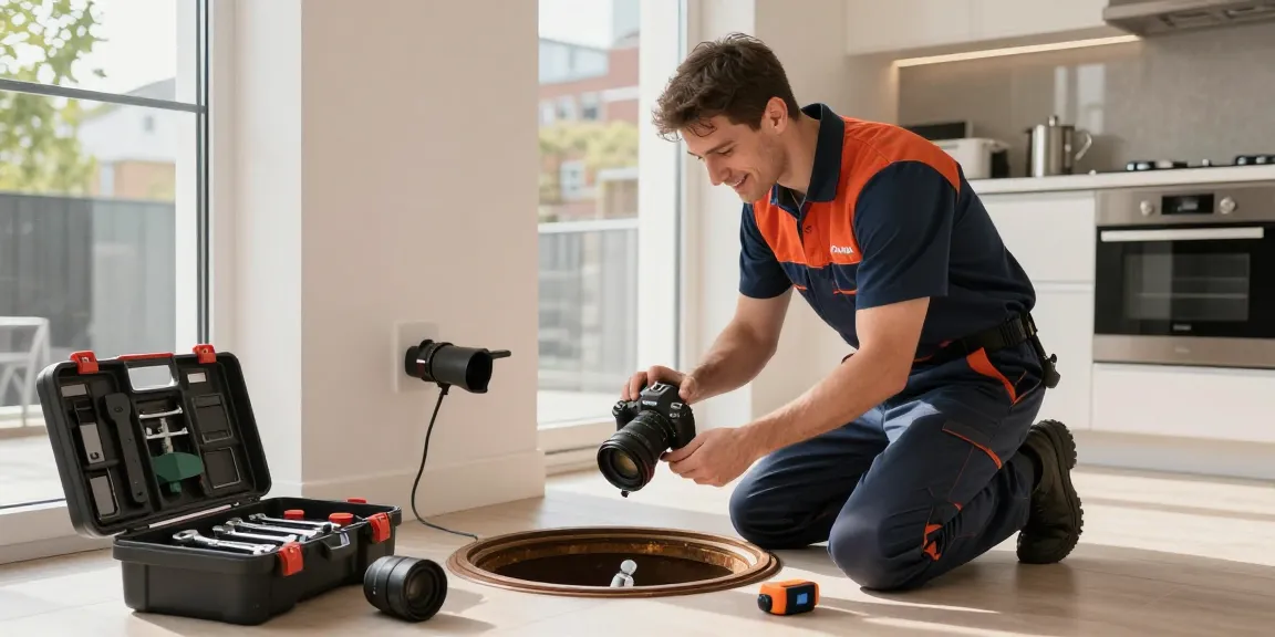 Expert plumber addressing blocked drains London with tools and drain camera in modern home.