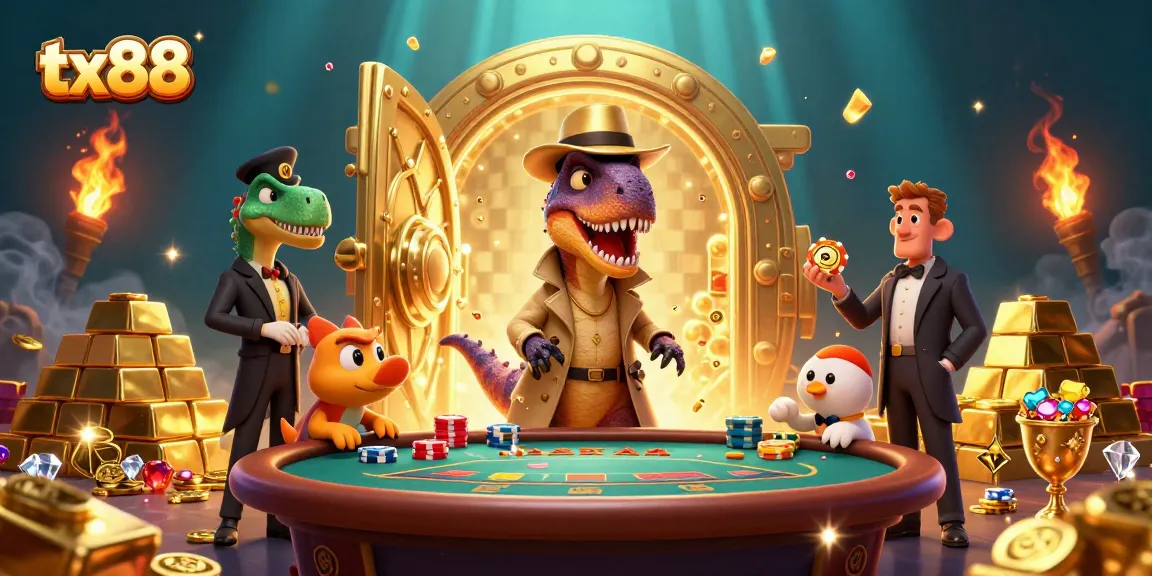 Engage with tx88's thrilling blackjack scene featuring a velociraptor card counter and gemstone treasure.