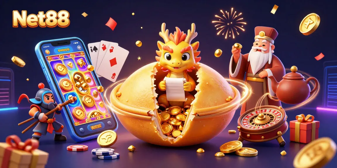 Celebrate with Net88 as the golden fortune cookie reveals winning slots and exciting gaming elements.