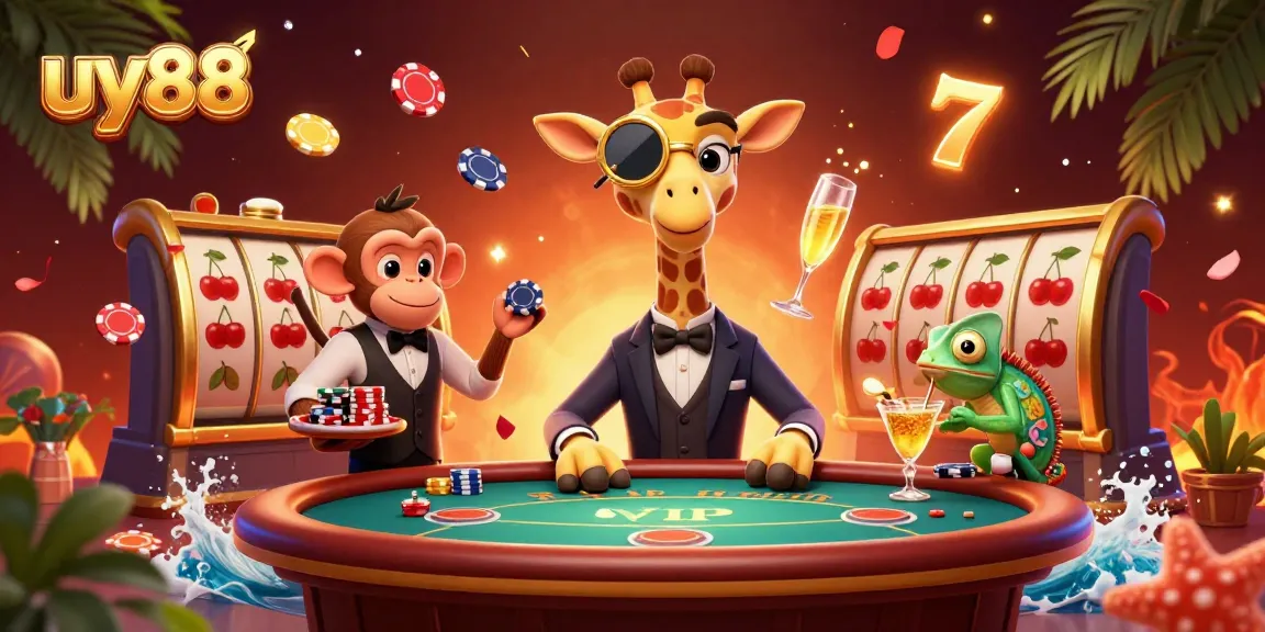 Experience the thrill with uy88 at a vibrant online casino featuring a giraffe, monkey, and chameleon.