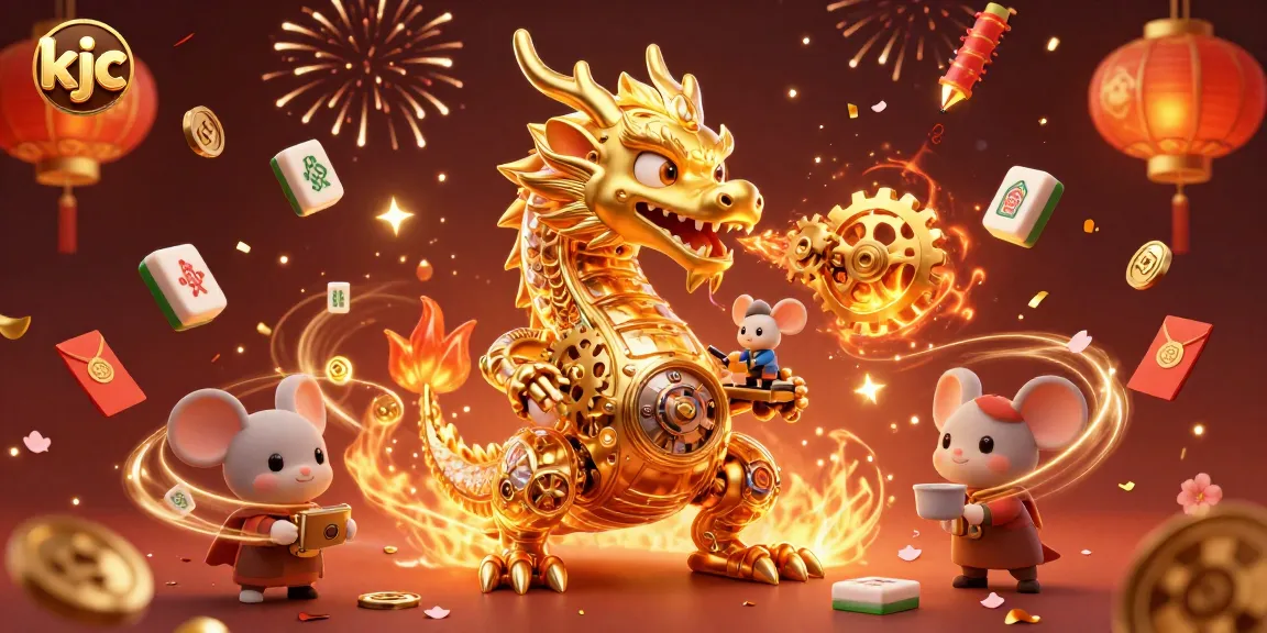 Engage with the vibrant world of KJC, featuring a golden dragon, festive elements, and gaming excitement.