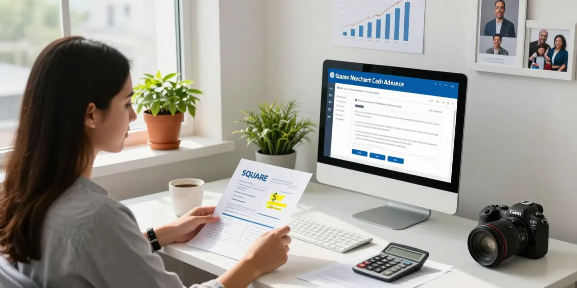 Small business owner reviewing Square merchant cash advance documents in a bright office.