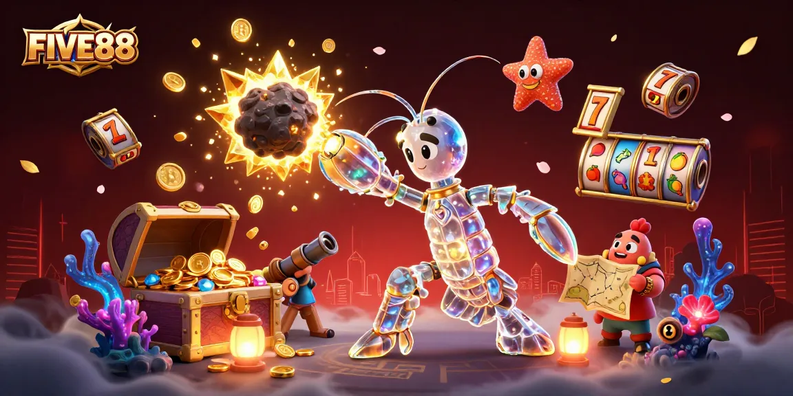 FIVE88 Casino: Experience vibrant slot adventures with gold coins, gems, and a galactic shrimp hero.