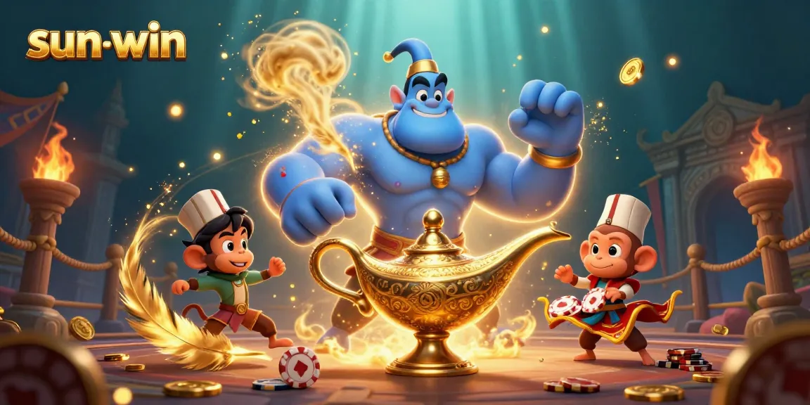 Play exciting games at sun-win with a fantastical scene featuring a blue genie and a magic carpet.