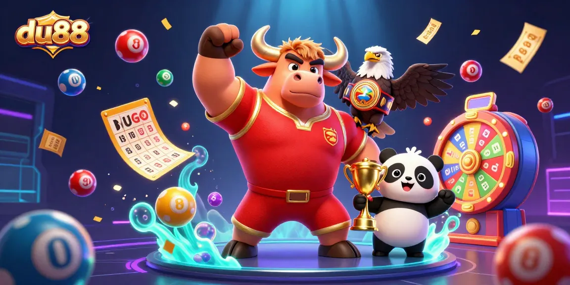 Engage with du88 lottery excitement featuring a mascot celebration scene with dynamic gaming elements.